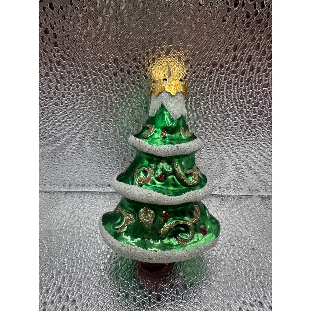 Vintage Blown Glass Christmas Tree Ornament‎ Green Gold Glitter Mid Century